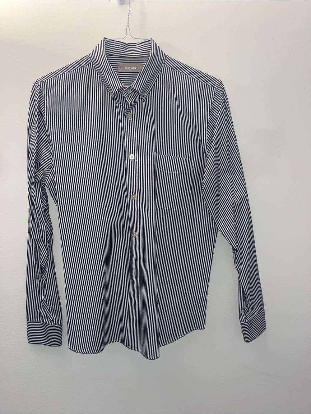 Everlane Navy and White Vertical Stripe Button-Down Shirt